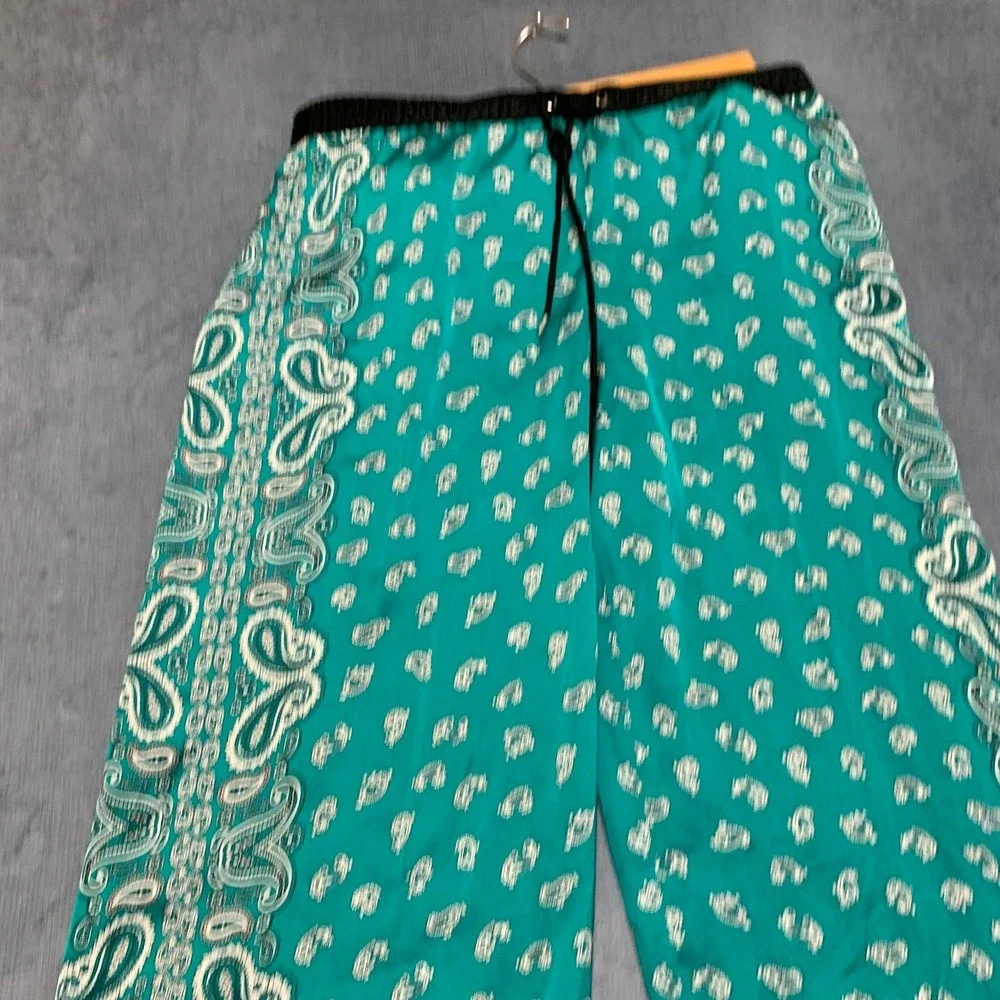 Michael Kors Wide Leg Pants Womens 14 Teal Paisley Drawstring Elastic Waist